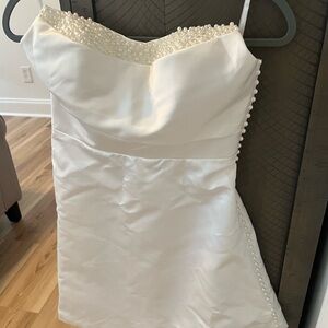 White Pearl Embellished Bridal Strapless Mini Dress with Gloves